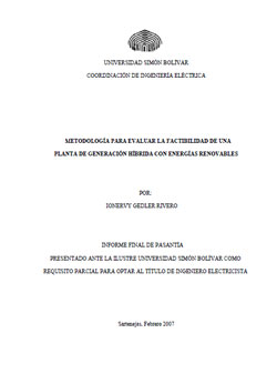 Portada de Factibilidad Planta Generacion Hibrida con EERR